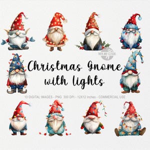 10 kerstkabouters met verlichting, vakantie clipart, kerstsublimatie, aquarel dwerg, decor lichtslingers, winter png, december SVG