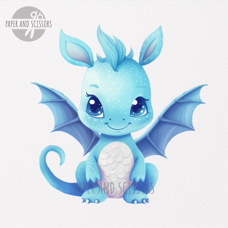 May include: A light blue baby dragon with large, sparkling eyes and a sweet smile. The dragon has small, white wings and a curled tail.