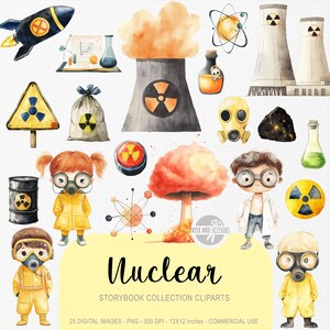 May include: Watercolour illustrations featuring nuclear themes, such as a rocket, atomic symbols, a mushroom cloud, and cartoon figures in protective suits. The word "Nuclear" is displayed below the images.