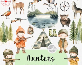 May include: Watercolor illustrations of hunting-themed elements. Includes a deer, ducks, a pheasant, a wolf, a boar, rifles, a tent, and children dressed as hunters. The text "Hunters" is displayed.