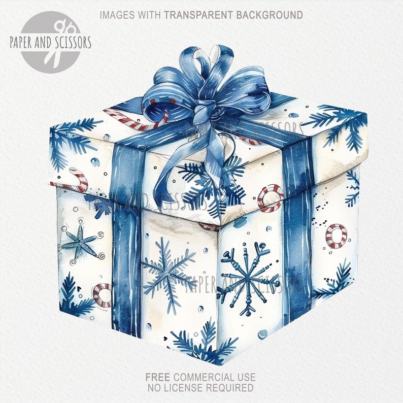 May include: A white gift box with a blue ribbon and bow. The box is wrapped in white paper with blue snowflakes, pine branches, and red and white candy canes.