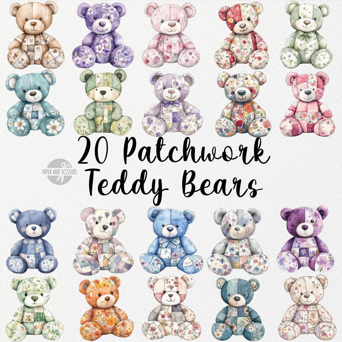 20 Patchwork Quilt Teddy Bear Watercolor Clipart, Vintage Memory Teddy ...