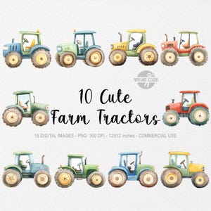 10 Farm Tractors Cliparts, Watercolor PNG, Farming, Combine Tractor, Harvesting Equipment, Nursery Decor Boy, Digital Download, Vehicles