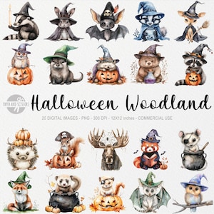 20 cliparts d'animaux des bois Halloween, décoration d'Halloween mignonne, chambre d'enfant automne, mignons mignons automne, animaux furtifs, baby shower, autocollants effrayants