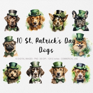 10 St Patrick's Day Dog ClipArts, Watercolor St Patrick Dog PNG, Dog with Clovers, Watercolor St Patrick Dog, St Patrick's Day Cute Dog