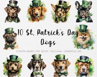 10 St Patrick's Day Dog ClipArts, Watercolor St Patrick Dog PNG, Dog with Clovers, Watercolor St Patrick Dog, St Patrick's Day Cute Dog