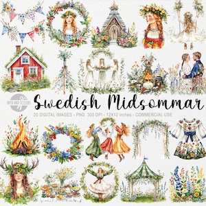 20 ClipArts Suecos de Midsommar, PNG Escandinavo, Arte Hygge, Aquarela Pagã, Flores de Festa, Fogueira, Folclórico, Solstício, Scrapbooking