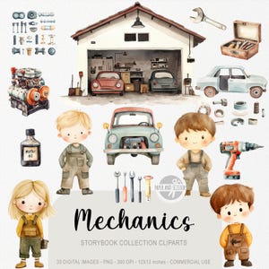 20 söta mekaniker-clipart, akvarell bilsagobok, pojkhobbybarnrum, racingutskrivbart, födelsedagsfestinbjudan och dekor, direktnedladdning