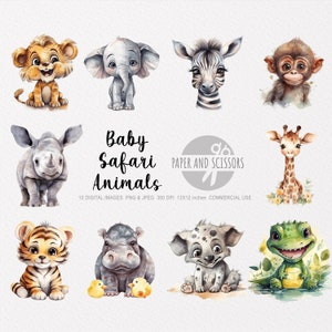 Baby Safari Animals Clipart, Baby Safari Animals PNG, Animals illustration, Animals Clipart, Commercial license, Nursery Wall Art, 12x12