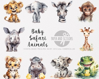 Baby Safari Animals Clipart, Baby Safari Animals PNG, Animals illustration, Animals Clipart, Commercial license, Nursery Wall Art, 12x12