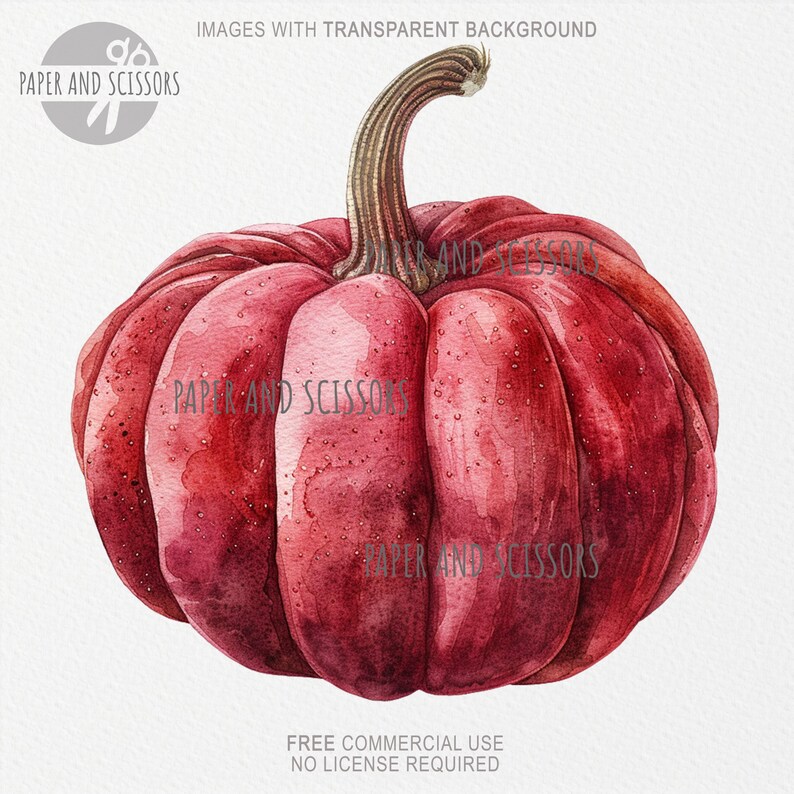 May include: A watercolor illustration of a red pumpkin with a textured surface and a curved brown stem. The image has the text "IMAGES WITH TRANSPARENT BACKGROUND", "PAPER AND SCISSORS", and "FREE COMMERCIAL USE NO LICENSE REQUIRED".