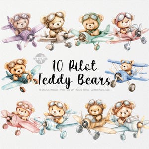 10 Pilot Teddybär Aquarell Clipart, Teddybär im Flugzeug PNG, Beige Braun Teddybär Illustration, Kinderzimmer Dekor, Junge Baby Shower Party