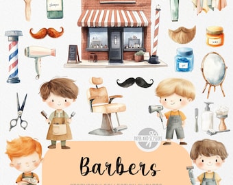 25 kleine Barbiere ClipArts, Friseur Stylist PNG, Aquarell Storybook, Friseur, Kinderzimmer, sofortiger Download, kommerzielle Lizenz