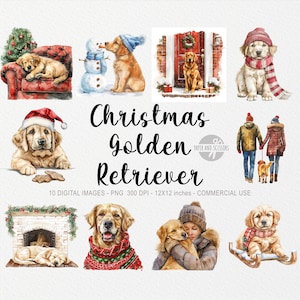 10 imágenes prediseñadas de golden retriever navideño, perro navideño PNG, perro de acuarela imprimible, calcomanía para chimenea, mascota de víspera de vacaciones, sublimación de suéter