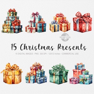 15 Christmas Presents ClipArt, Watercolor Christmas Presents PNG, Gift PNG, Santa Claus, Christmas Tree ClipArt, Holiday ClipArt, Winter PNG