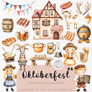 May include: Watercolor illustrations of Oktoberfest-themed elements, including a traditional house, beer steins, sausages, a cow, and festive decorations. The image includes the text "Oktoberfest" and "Storybook Collection Cliparts".