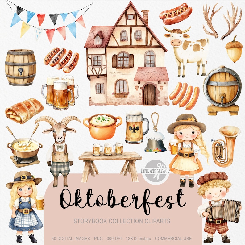 May include: Watercolor illustrations of Oktoberfest-themed elements, including a traditional house, beer steins, sausages, a cow, and festive decorations. The image includes the text "Oktoberfest" and "Storybook Collection Cliparts".