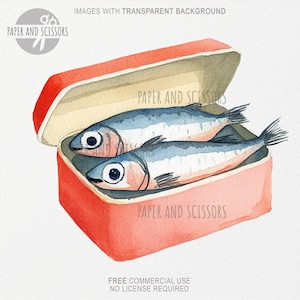 May include: Two silver fish in a red tin can with a white interior. The can is open and the fish are visible. The text "PAPER AND SCISSORS" is printed on the can.