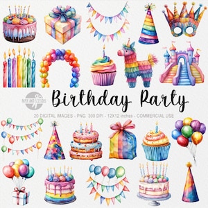 20 Birthday Party ClipArts, Watercolor PNG, Happy Birthday Bundle Collection, Card Invitation, Celebration, Present, Balloon, Garland, Cake