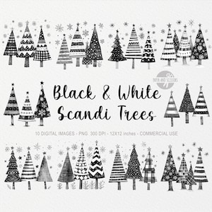 10 imágenes prediseñadas de árboles escandinavos en blanco y negro, Navidad vintage, decoración de invierno, ilustración antigua, borde de tarjeta, diseño bohemio simple