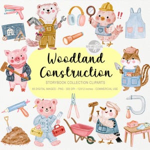 Può includere: Una collezione digitale di illustrazioni ad acquerello con animali del bosco in abiti da lavoro, tra cui un maiale, un orso e uccelli con attrezzi come martelli, chiavi inglesi e carriole, oltre a progetti e il testo Woodland Construction.