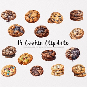 15 Cookies ClipArt, Cookies PNG, Cookies illustration, Cookies Aquarelle, Cookies JPEG, Cookies au chocolat, Biscuits au four, Pâtisserie, Biscuits