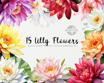 15 Water Lilly ClipArt, Water Lilly PNG, Lotus illustration, Watercolor Flowers, Floral PNG, Flowers ClipArt, Flowers PNG, Water Lily Flower