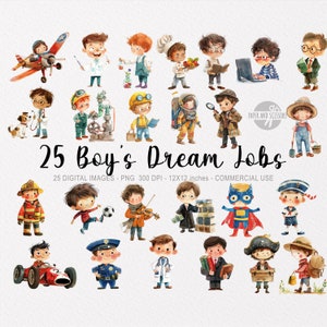 25 jongensbanen ClipArt, beroepen PNG, essentials voor leraar, banenbundel, aquarelberoep, onderwijskaarten, schoolkaarten, Instant Download