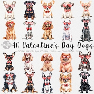 40 cliparts chien Saint-Valentin, clipart aquarelle, chiot amour PNG, cadeau pour propriétaire de chien, carte de fête bricolage pour animaux de compagnie, illustration pour chien en téléchargement numérique