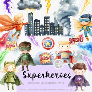 Peut inclure: Illustration à l'aquarelle de super-héros avec des capes et des masques, accompagnés de mots d'action comme "BOOM!" et "SMASH!". L'image comprend une ville, des éclairs et un écusson. Le mot "Super-héros" est affiché.