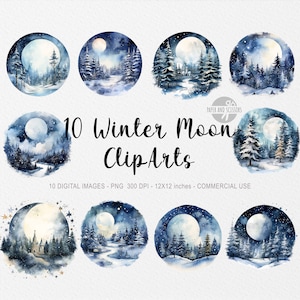 10 Winter Moon ClipArts, Maan PNG, Maan illustratie, Aquarel Maan, Winter Hemel, Maan Decor, Winternacht, Winterlandschap, Blauwe Maan