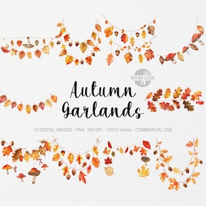10 Herbst rustikale Girlande ClipArt, Girlande PNG Illustration, Aquarell Herbst Blätter, Herbst Dekor, Eichel, Pilz, Eichenblatt, Thanksgiving