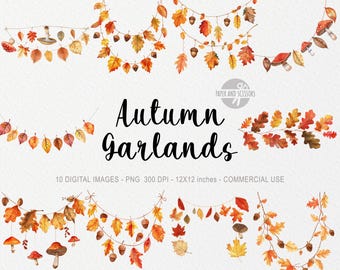 10 Autumn Rustic Garland ClipArt, Garland PNG illustration, Watercolor Fall Leaves, Fall Decor, Acorn, Mushroom, Oak Leaf, Thanksgiving