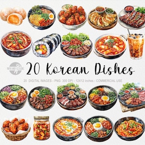 20 Koreaanse gerechten ClipArts, Aziatisch eten PNG, Koreaanse barbecuerecepten, Kimchi-kookboek, aquarelkeuken, Fried Chicken, Gimbap, Mochi, Ramen