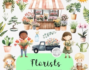 25 süsse Floristen ClipArt, Aquarell Bilder, Gartenarbeit Kinderzimmer, kleiner Bauer, Baby Farm Geburtstagsparty einladen & Dekor, sofort download