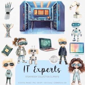 Puede incluir: Ilustración en acuarela con imágenes prediseñadas con temática de TI. Incluye una sala de servidores, robots, una computadora portátil y niños con auriculares de realidad virtual. El texto "IT Experts" se muestra debajo. La colección incluye 15 imágenes digitales.