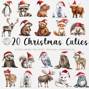20 Weihnachtstiere ClipArts, Kinderzimmer Aquarell PNG, Babyparty-Wandkunst, Kinderzimmerdekor, niedlicher Wald, Aufkleber, frohe, Weihnachtsmann, Hut, Baby niedlich