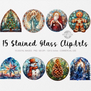 15 Christmas Stained Glass ClipArt, Stained Glass PNG, Stained Glass illustration, Watercolor Stained Glass, Christmas Glass Art, Christmas