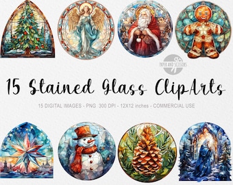 May include: A set of 15 stained glass clip art images with festive winter themes. The images include a Christmas tree, angel, Santa Claus, gingerbread man, star, snowman, pine cone, and a figure in a church. The text reads "15 Stained Glass ClipArts".