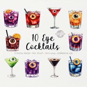 10 ClipArt di cocktail di Halloween, PNG occhio, Decorazione spettrale, Adesivi bulbo oculare, Occhio acquerello, Accademia oscura, Licenza commerciale, Download istantaneo