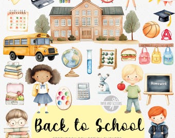 45 Cute Back to School Clipart, Watercolor Storybook, September, Student Uniform, Party Invite Decor, Instant Download, Commercial License