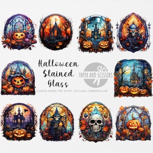 May include: Ten digital images of Halloween stained glass designs. Each image features a different scene, including a spooky castle, a witch, a skull, and jack-o'-lanterns. The images are in a vintage style with a dark and moody color palette.