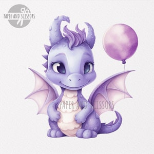 May include: A purple dragon with a pink balloon. The dragon has a light purple body, pink wings, and a light purple horn. The dragon has a friendly expression and is looking at the viewer. The balloon is tied to a string and is floating in the air.