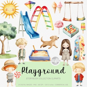 Könnte beinhalten: Aquarell-Cliparts mit Spielplatzelementen. Enthält eine Rutsche, eine Schaukel, einen Sandkasten, einen Hund, Kinder, Eis und eine lächelnde Sonne. Das Wort "Playground" ist in großen Buchstaben geschrieben. "Storybook Collection Cliparts" ist ebenfalls im Bild enthalten.