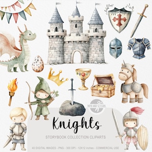 40 lindos dibujos de caballeros, cuentos de hadas del reino de la acuarela, guardería de princesas y príncipes, medieval, invitación y decoración para fiestas de cumpleaños, descarga instantánea