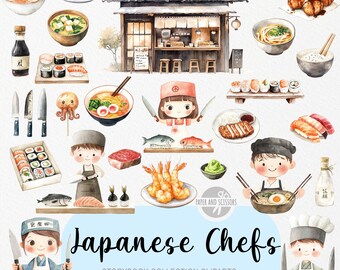 30 Kawaii Japan Chef ClipArts, Aquarell Bilderbuch PNG, Essen Aufkleber, Niedlich Kochen, Kinderzimmer, Babyparty, Kommerzielle Lizenz Einfacher Download