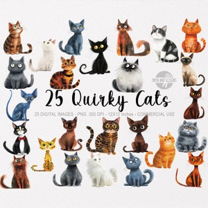 25 Quirky Cat ClipArts, Animal Watercolor PNG, Baby Shower Wall Art, Nursery Decor, Cute Kittens, Stickers, Instant Download, Cat Wall Art
