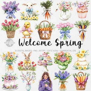 20 ClipArt de boas-vindas da primavera, Páscoa PNG, Flores em aquarela, Cottagecore abril, Planejador de scrapbooking, Decoração de coquete, Artesanato de abril, Tulipa, Ovo