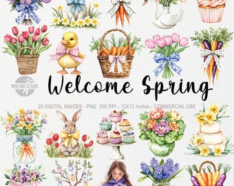 May include: A set of 20 digital images featuring spring-themed illustrations. The images include a lamb, a bunny, a duck, flowers, carrots, cupcakes, and more. The images are perfect for creating spring-themed crafts, cards, and other projects.