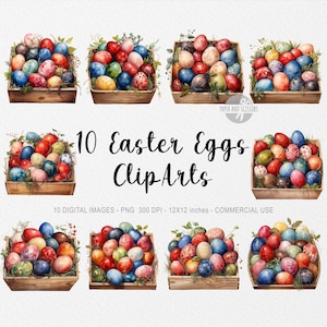 10 ClipArts de caixa de ovos de Páscoa, Sexta-feira Santa PNG, ilustração de caça aos ovos, aquarela de primavera, coelho, artesanato de abril, sublimação, decoração, design